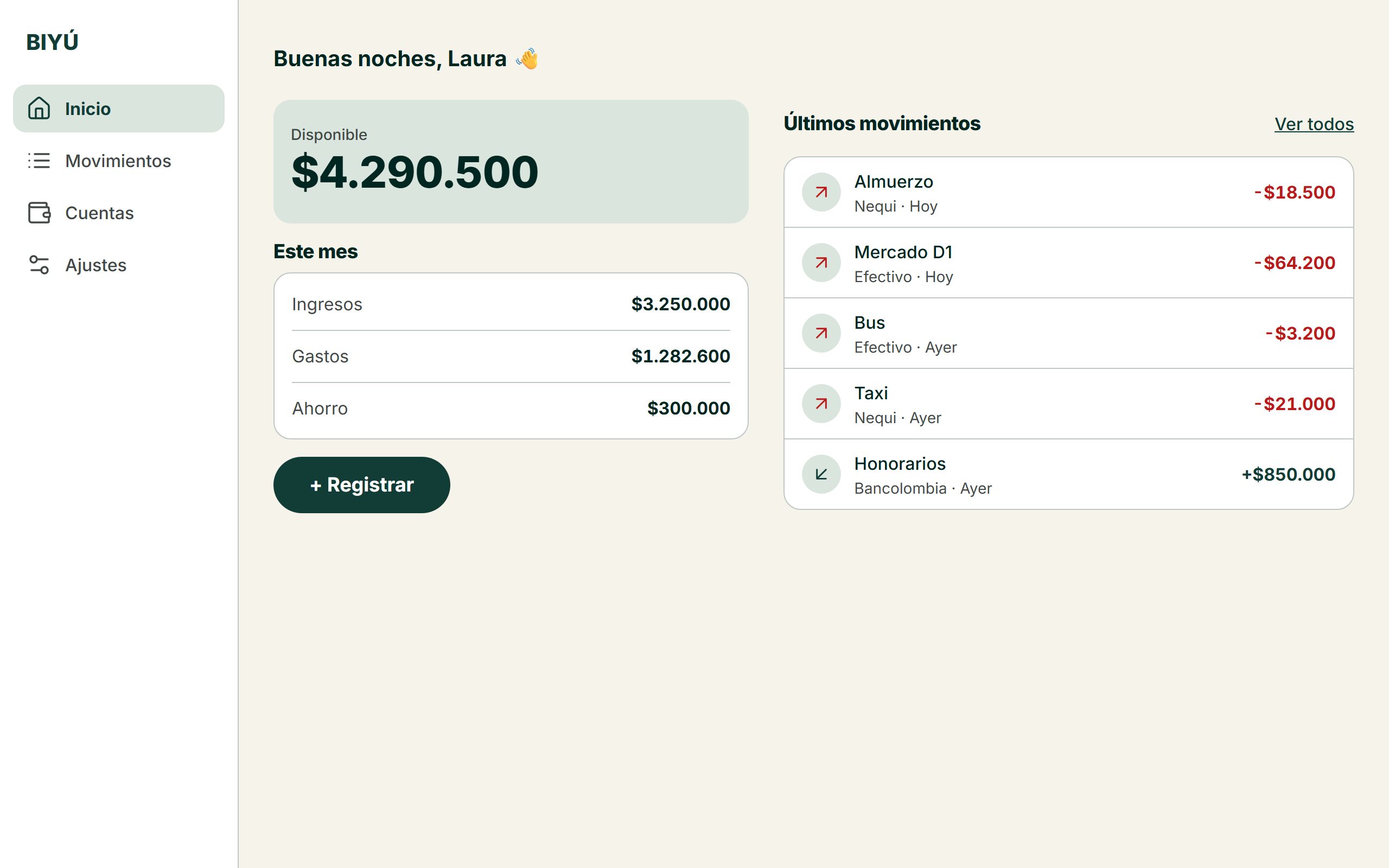 BIYÚ en computador: menú lateral, disponible total y últimos movimientos