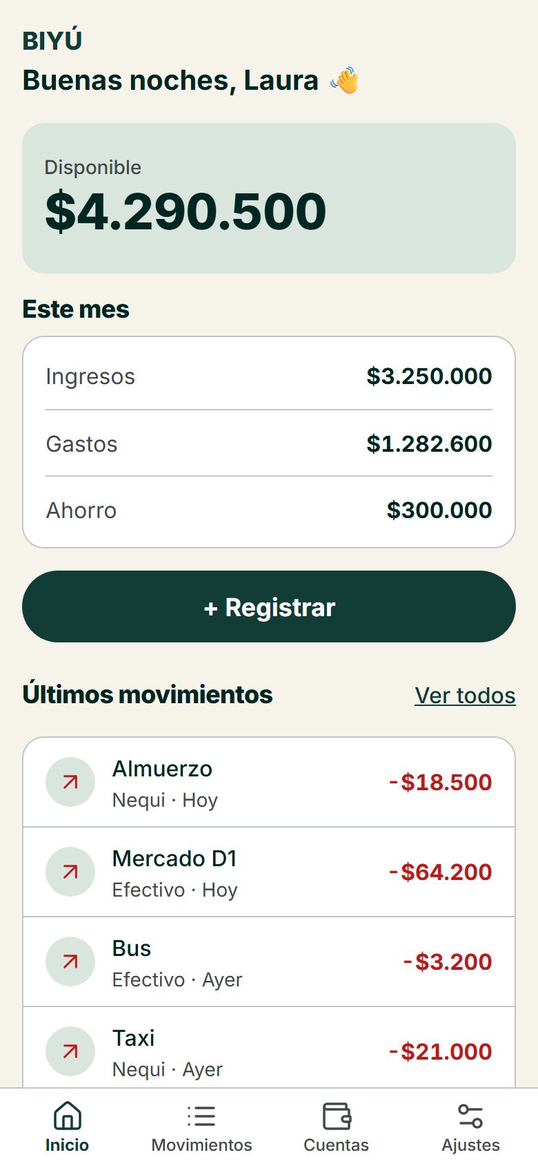 Inicio de BIYÚ: el disponible del mes, lo que entró y lo que salió, y los últimos movimientos
