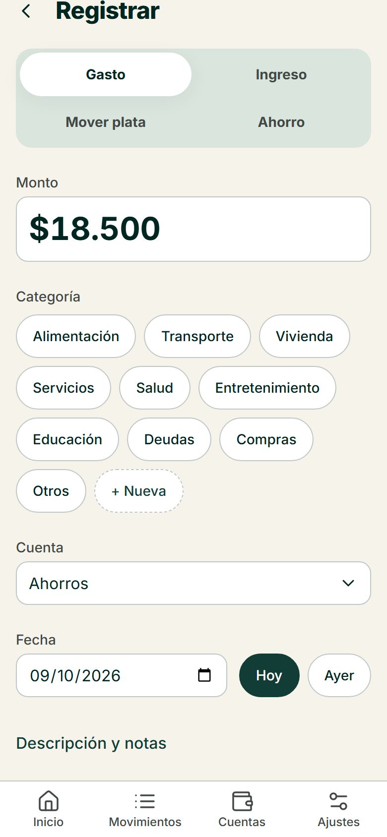 Formulario para anotar un gasto con monto, cuenta, categoría y fecha